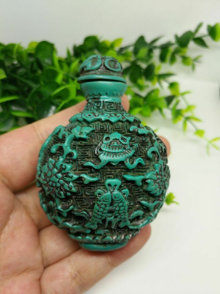 Vintage Collectible Bottles - Mini Chinese Turquoise Twins Fish Snuff